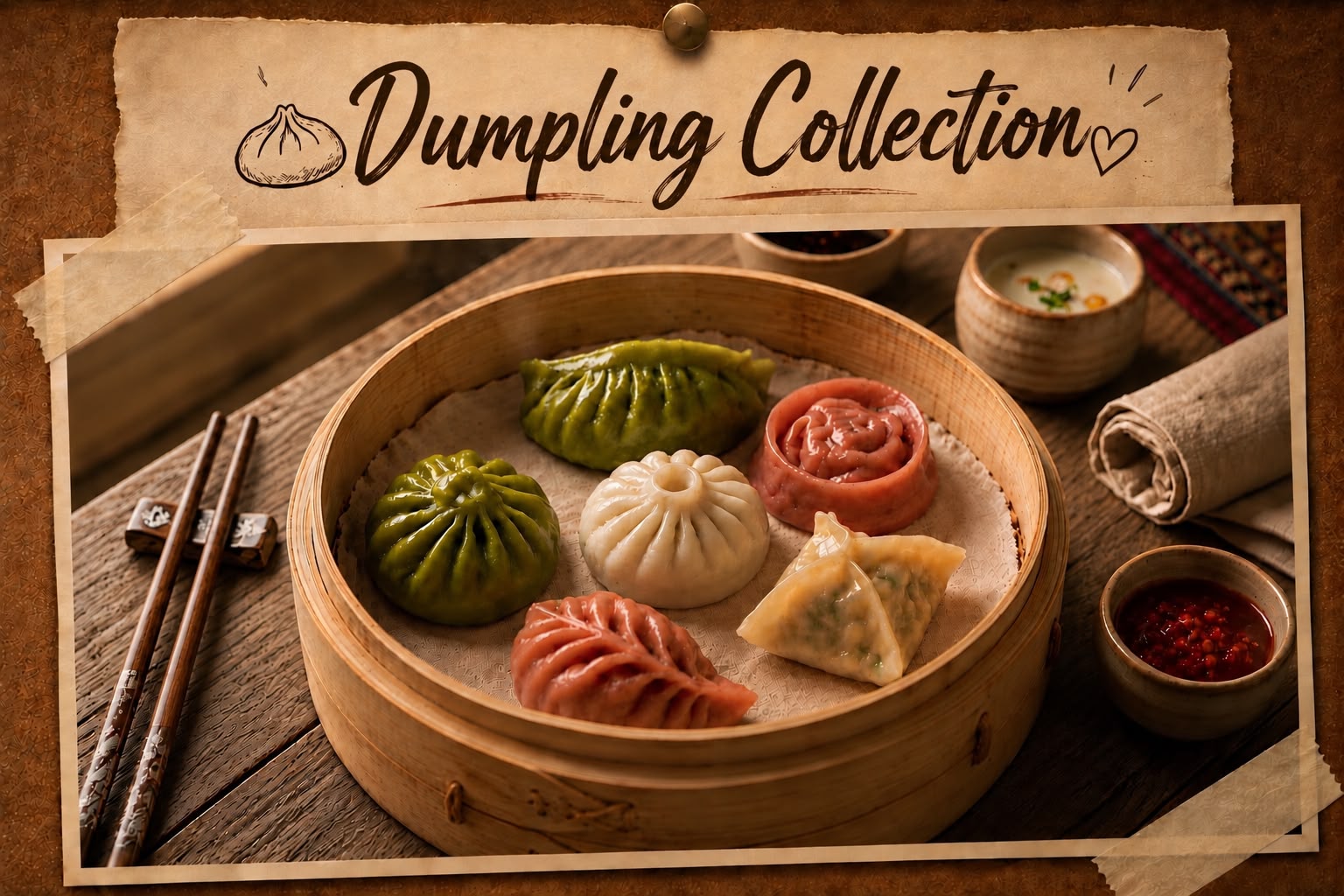 A selection of TAFI dumplings in a bamboo steamer
