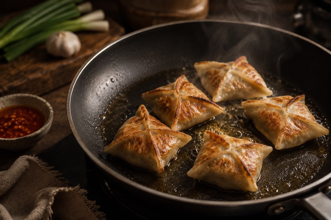 TAFI dumplings pan seared in a skillet