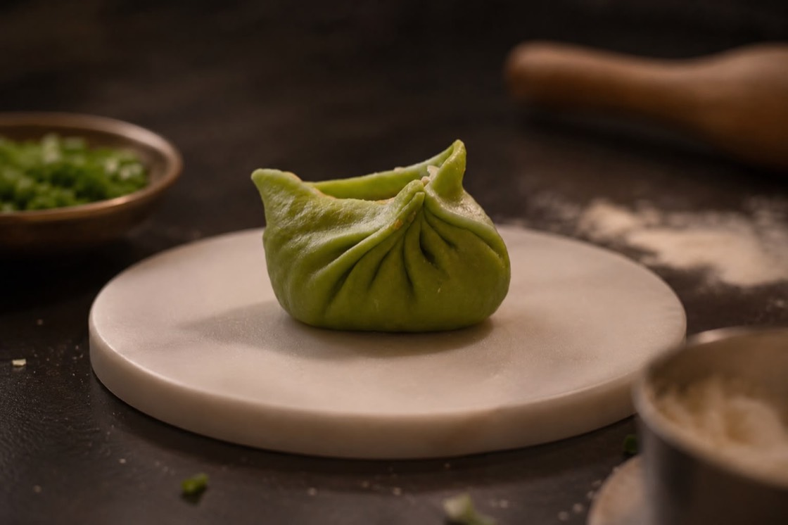 Hand-folded green TAFI dumpling