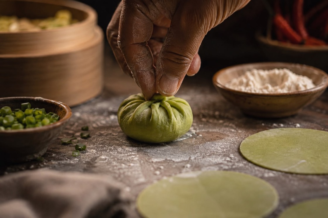 A green TAFI dumpling being folded